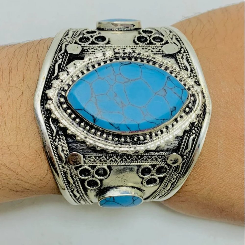 Single Ethnic Turquoise Stone Handcuff Bracelet-Afghan Kuchi Bracelet